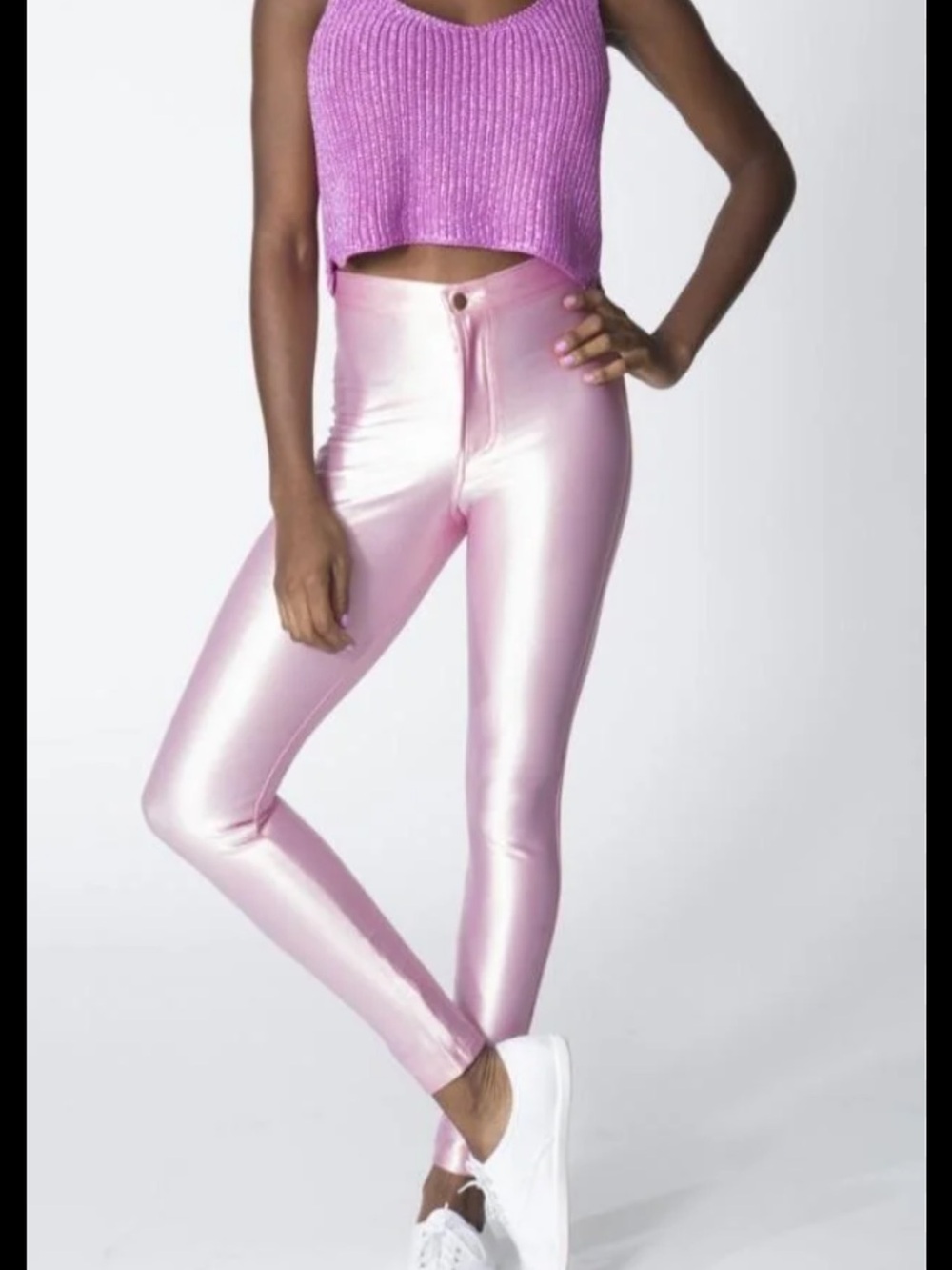 ISO American apparel disco leggings. Shiny Pink High-Waist Metallic Leggings